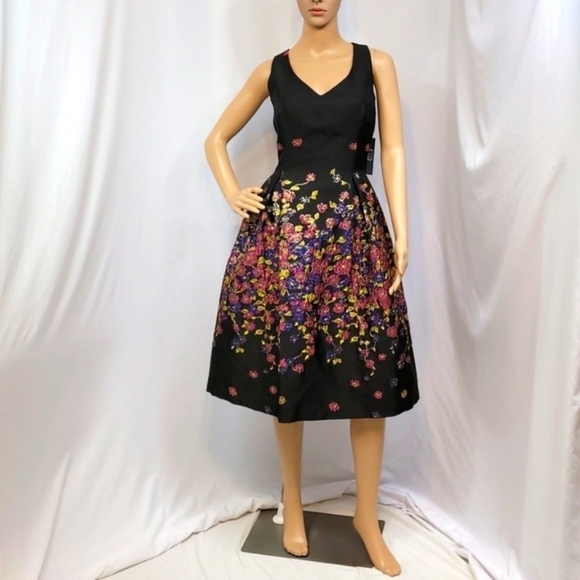 Tahari by Asl Fit and Flare Midi Metallic Floral Accents Cocktail Dress - Picture 12 of 17